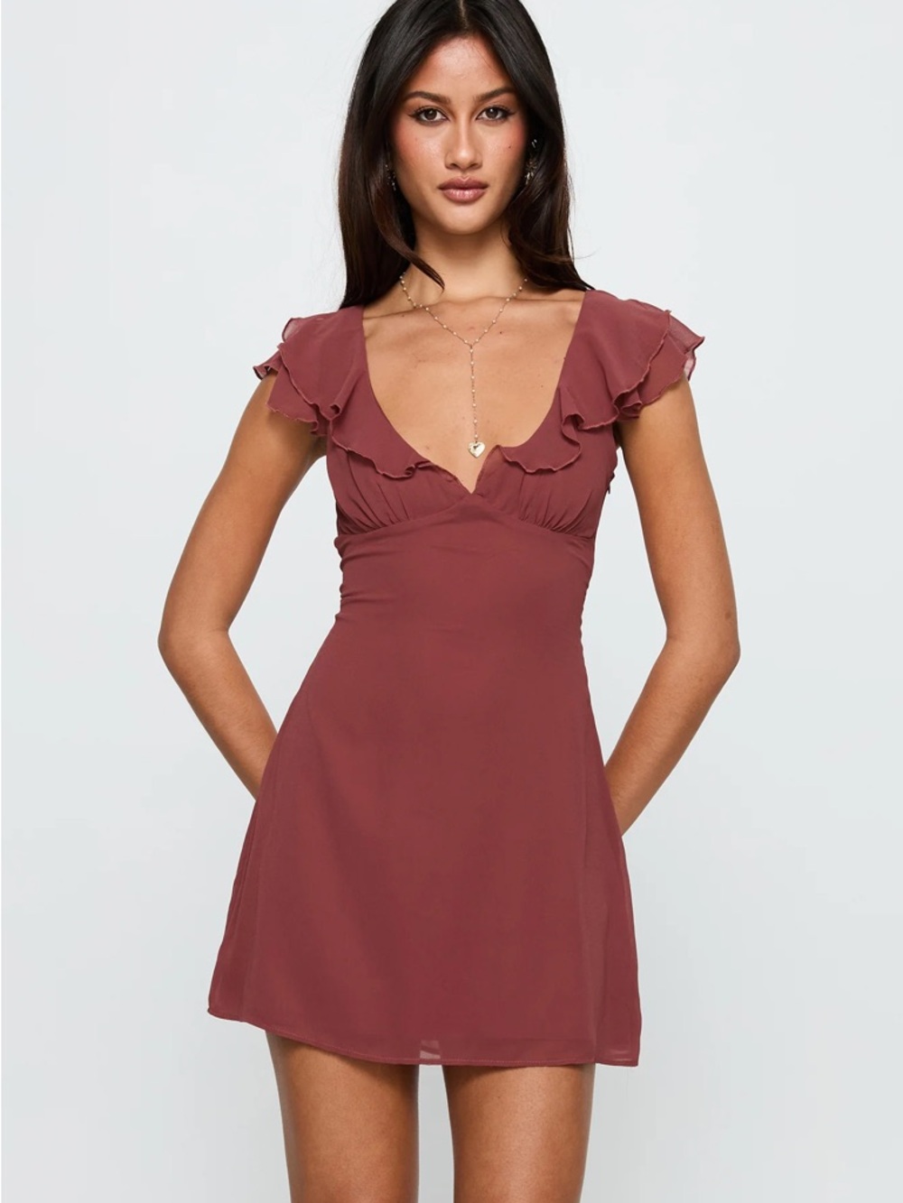 Princess Polly Ruffle Cap-Sleeve Mini Dress in Currant (Dusty Rose)